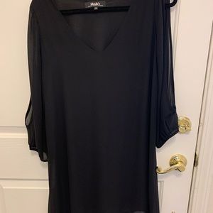 Lu Lu's V neck black all over sheer statement dress with Peek a Boo sleeves